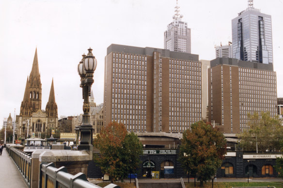 The old Gas and Fuel Corporation towers on the site of what is now Federation Square. 