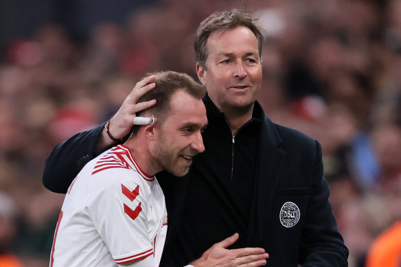 Denmark coach Kasper Hjulmand with his star midfielder Christian Eriksen.