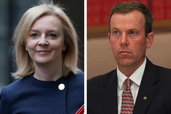 Britain’s Trade Secretary Liz Truss and Australia’s Trade Minister Dan Tehan.