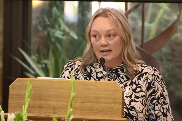 Debbie McGuire, Hannah’s mother, speaks at her daughter’s funeral.
