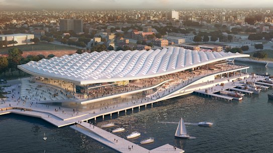 An artist's impression of the new Sydney Fish Market building at the head of Blackwattle Bay.