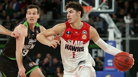 Drawcard: Hawks import LaMelo Ball sneaks past South East Melbourne's Ben Madgen.
