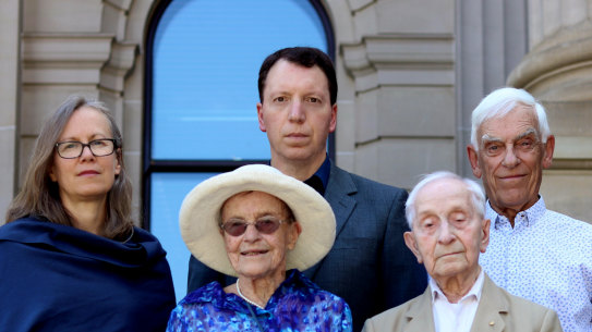 Back row: Jayne Josem, Dvir Abramovich, Jack Leder. Front row: Abram Goldberg, Sarah Saaroni on the steps of Victorian parliament.