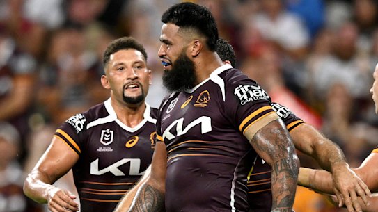 Payne Haas celebrates scoring for the Brisbane Broncos against the North Queensland Cowboys.