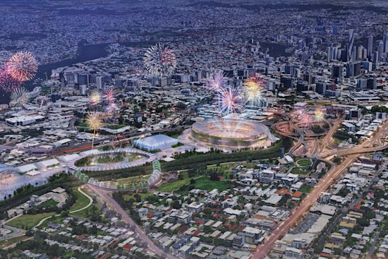 Artists’ impression of Wilkinson Eyre’s proposal for a new Brisbane 2032 Olympic stadium at the Mayne Yards Queensland Rail stabling yards. Image supplied 08/01/2025.
