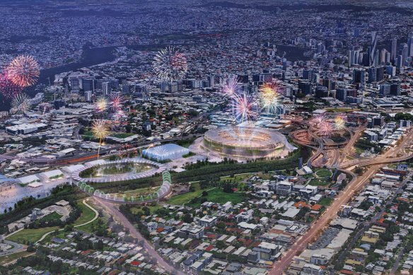 Artists’ impression of Wilkinson Eyre’s proposal for a new Brisbane 2032 Olympic stadium at the Mayne Yards Queensland Rail stabling yards. Image supplied 08/01/2025.
