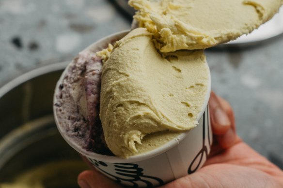 Scoops of blueberry cheesecake and pistachio ice-cream at Duo Duo.