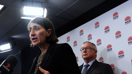 NSW Premier Gladys Berejiklian with Health Minister Brad Hazzard address the media on Wednesday.