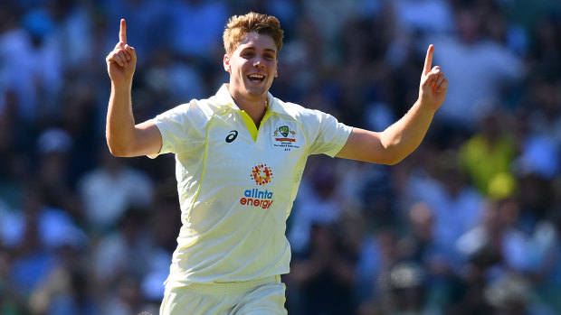 Cameron Green celebrates one of his five wickets on Boxing Day.