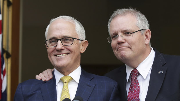 Former Liberal leader Malcolm Turnbull with Prime Minister Scott Morrison during happier times.  