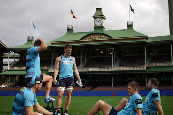Jack Dempsey and other Waratahs players after a training session at the SCG. 