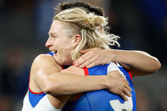 Cody Weightman of the Bulldogs celebrates a goal.