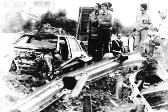 The remains of Italian judge Giovanni Falcone’s car, which was blown up in May 1992, as pay back for his conviction in 1987 of more than 300 mafiosi.  Mr Falcone, his wife, a fellow magistrate and three bodyguards died in the explosion.