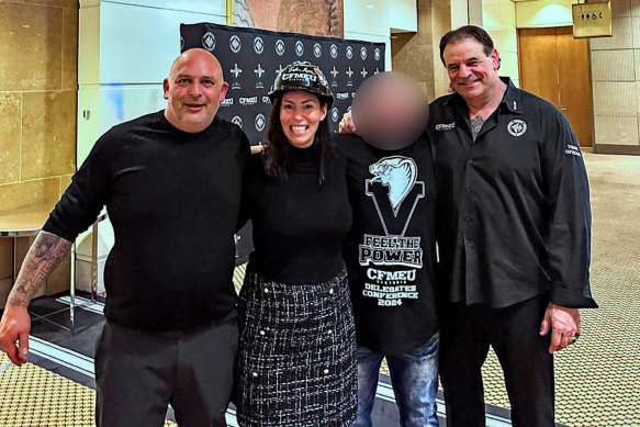 CFMEU official Derek Christopher (left), state Labor MP Luba Grigorovitch (second from left), former CFMEU boss John Setka (right) in June 2024 at a CFMEU event. 