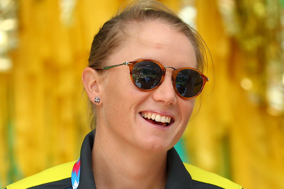 Alyssa Healy speaks at the celebration for Australia's World Cup win at Federation Square on Monday.