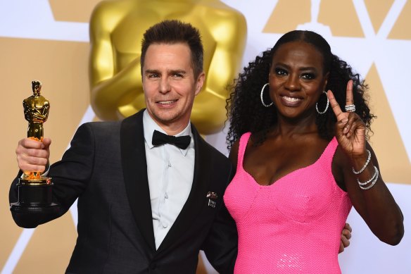 Sam Rockwell (pictured with Viola Davis) after winning the best supporting actor Oscar for his role in Three Billboards Outside Ebbing, Missouri.