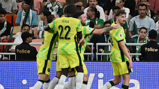 Australia celebrate Connor Metcalfe’s goal.