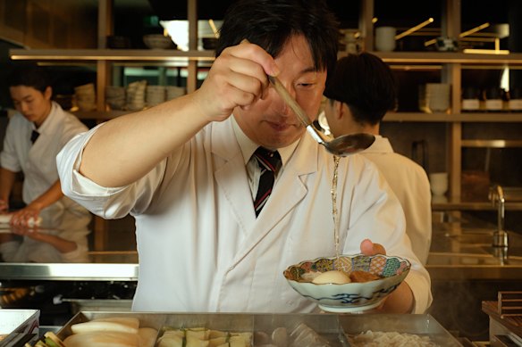 Two broths are available: a clear duck-based soup; and a 12-hour chicken option.