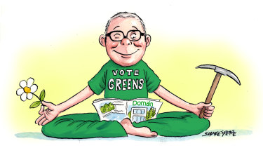 The NSW Greens have a new Blue Mountains candidate, a current director of mining outfit Elsmore Resources. Illustration: John Shakespeare