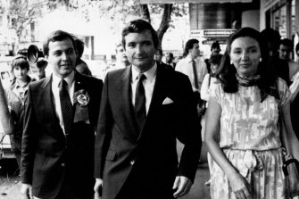 Michael Yabsley, left, in 1984, with the then-NSW Liberal leader Nick Greiner and his wife Kathryn.
