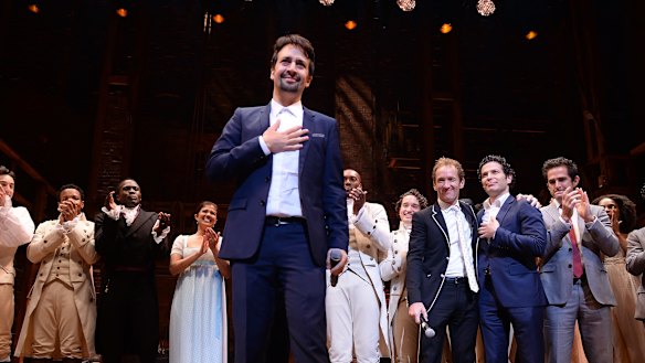 Lin-Manuel Miranda takes a bow after the opening night of Hamilton in Chicago in 2016.