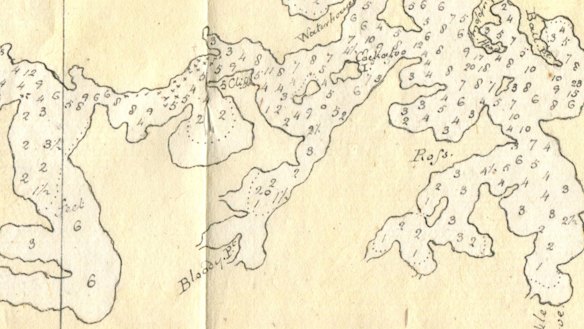 Detail from the 1788 chart of Port Jackson drawn by William Bradley showing Bloody Point.