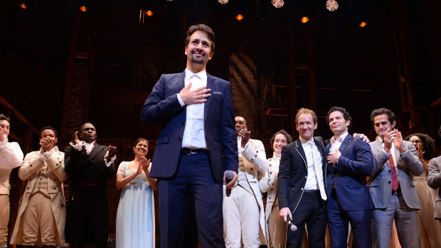 Lin-Manuel Miranda takes a bow after the opening night of Hamilton in Chicago in 2016.