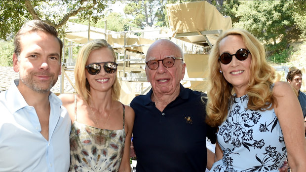 Happy days: Lachlan and Sarah Murdoch with Rupert Murdoch and Jerry Hall at Murdoch's Moraga Bel Air winery in California last year.