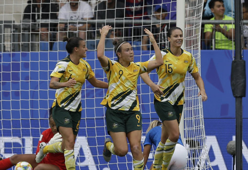 Caitlin Foord celebrates scoring Australia's  first goal against Brazil.