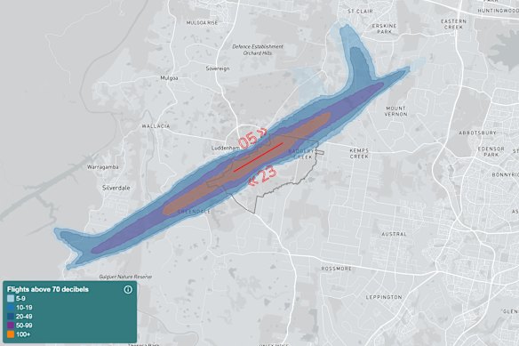 A map showing cumulative noise from runways 5 and 23 at the new Western Sydney International. A running washing machine is 70 decibels.