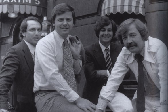 A photo from the book ' Compulsive viewing : The Inside Story of Packer's Nine Network'  by Gerald Stone.

(L-R): Gerald Stone in 1979 with his original "60 Minutes" reporting team, Ray Martin, Ian Leslie and George Negus.  The Maxim's in the background is in Melbourne, not Paris.