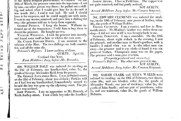 A transcript from the trial of William Daley on theft charges at the Old Bailey in 1818, including the eyewitness accounts of the crime. He was sentenced to transportation to Australia for life.