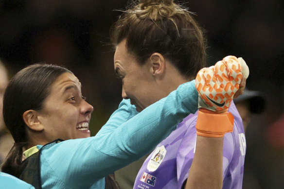 Australia’s Sam Kerr celebrates with goalkeeper Mackenzie Arnold, right, after Australia’s Steph Catley scored their fourth goal.