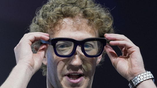 Mark Zuckerberg wears a pair of Orion AR glasses during the Meta Connect conference on September 25, 2024,