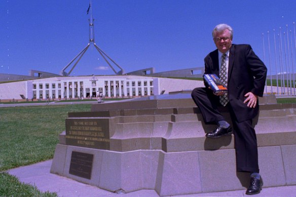 Former senator Graham Richardson poses for a photograph outside Parliament House. At age 33, he was the youngest senator elected and initially sat on Senate committees on electoral reform, regulations and ordinances, finance and government operations, and estimates in the first term of parliament.