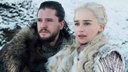 Kit Harington as Jon Snow, left, and Emilia Clarke as Daenerys Targaryen in a scene from Game of Thrones.