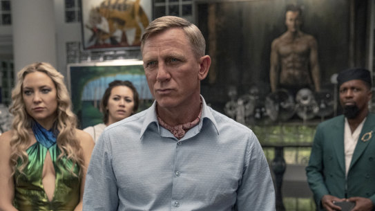 From left: Kate Hudson as Birdie, Jessica Henwick as Peg, Daniel Craig as Detective Benoit Blanc and Leslie Odom Jr. as Lionel.