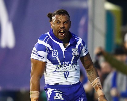Happier times: Josh Addo-Carr celebrates a try for Canterbury.