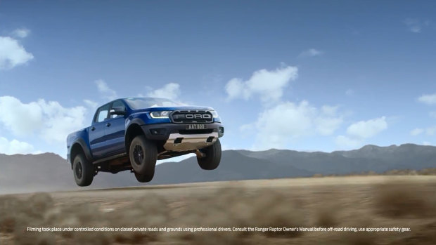 The Ford Ranger Raptor ad shows the 4WD vehicle flying through the air. 