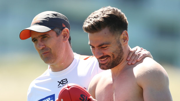 Coach Leon Cameron and Stephen Coniglio at GWS Giants training on Tuesday.