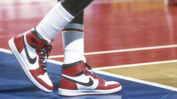 Michael Jordan of the Chicago Bulls sports Nike Air Jordan 1 shoes circa 1985 in Landover, Maryland.