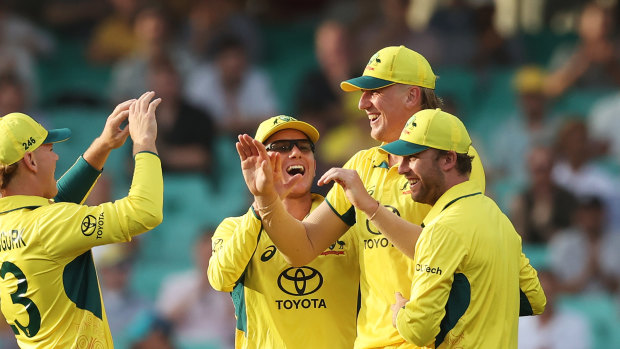 SYDNEY, AUSTRALIA - FEBRUARY 04: Will Sutherland of Australia celebrates with team mates after taking a catch to dismiss Justin Greaves of the West Indies during game two of the Men’s One Day International series between Australia and West Indies at Sydney Cricket Ground on February 04, 2024 in Sydney, Australia. 