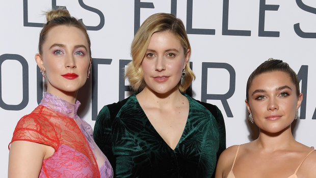 ''I felt like Florence could really be a formidable opponent'': Greta Gerwig with Saoirse Ronan (left) and Florence Pugh at the premiere of Little Women in Paris.