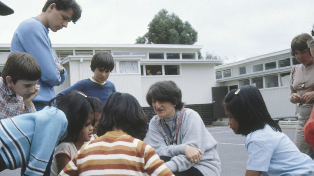 June Factor with students from the Eastbridge Language Centre, 1980s.