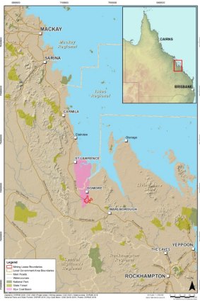A map of the location of the proposed coal mine in central Queensland, put forward by the Clive Palmer-owned Mineralogy Pty Ltd.