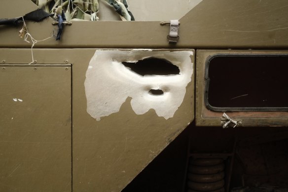Artillery damage to a Bushmaster which is being used by Ukrainian combat medics.