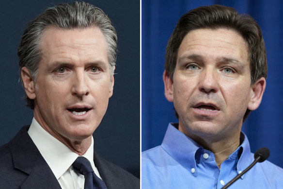 California Governor Gavin Newsom on left and Florida Governor Ron DeSantis on right.