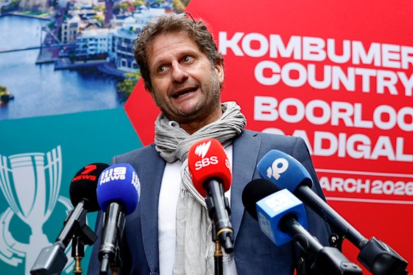 Matildas coach Joe Montemurro speaks at an Asian Cup event on Friday morning.