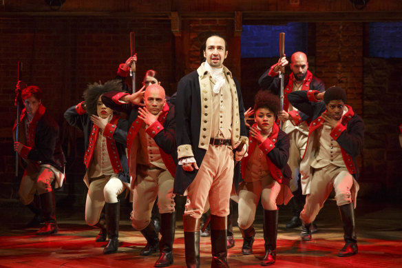 Lin-Manuel Miranda performs with members of the cast of the musical <i>Hamilton</i> in New York in 2016.