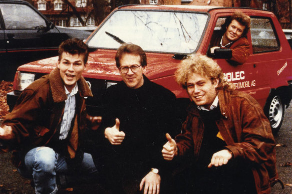 Frederic Hauge (right) with synth-pop band A-ha and the converted Fiat Panda.